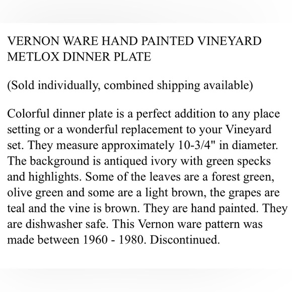 Lot of 6 MetLox Vernon Ware Vineyard Pottery Dinner Plates - Hand painted & RARE - Picture 4 of 5